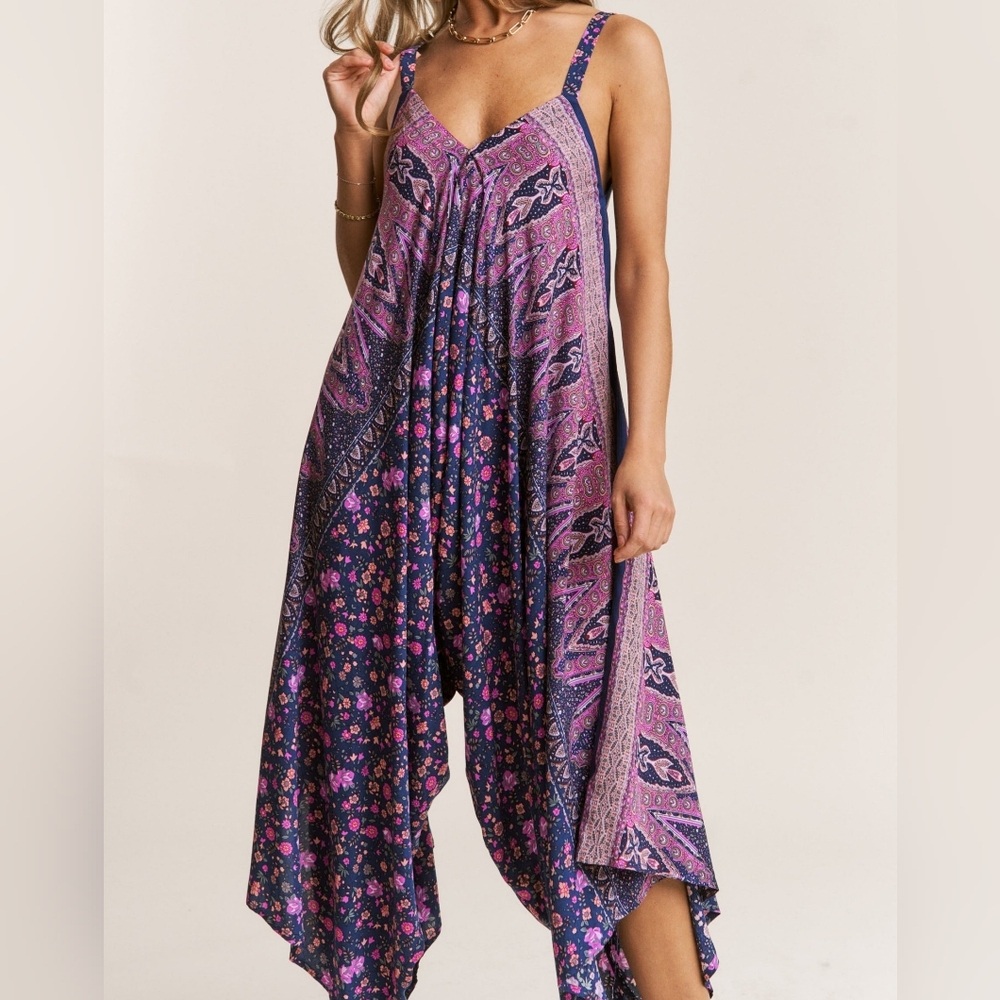 J.NNA | Maximalist Wild Berry Floral Boho Harem One Piece Strappy Romper | 2X